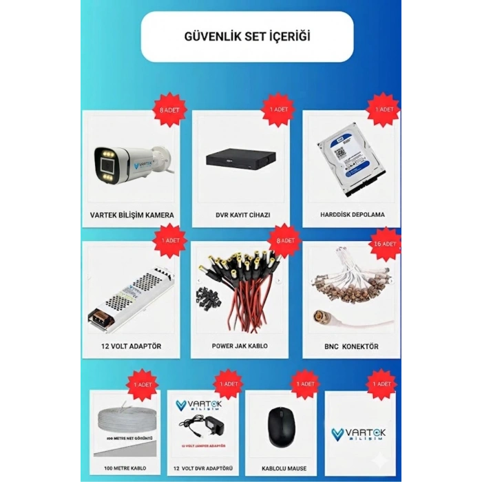 8 Kameralı 6 Atom Led Gece Renkli Görüşlü Güvenlik Kamerası Seti + 500 GB HDD