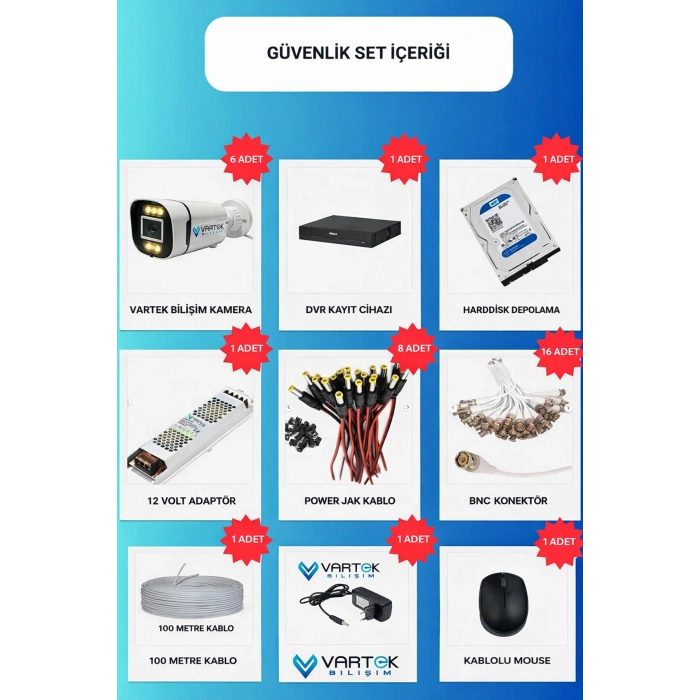 6 Kameralı 6 Atom Led Gece Renkli Görüşlü Güvenlik Kamerası Seti + 500 GB HDD