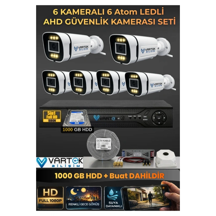 6 Kameralı 6 Atom Led Gece Renkli Görüşlü Güvenlik Kamerası Seti + 1 TB HDD