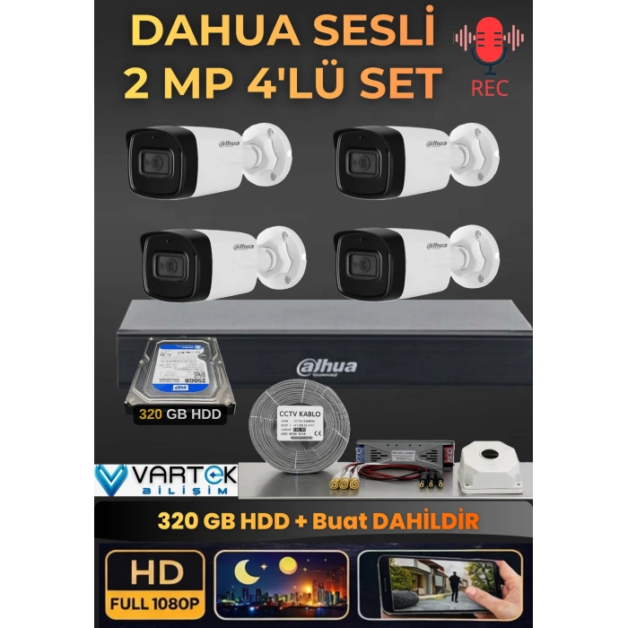 Dahua 4 Kameralı Sesli AHD Güvenlik Kamera Seti - 1080P Full HD DVR Kayıt Cihazı - 320 GB HDD Dahil