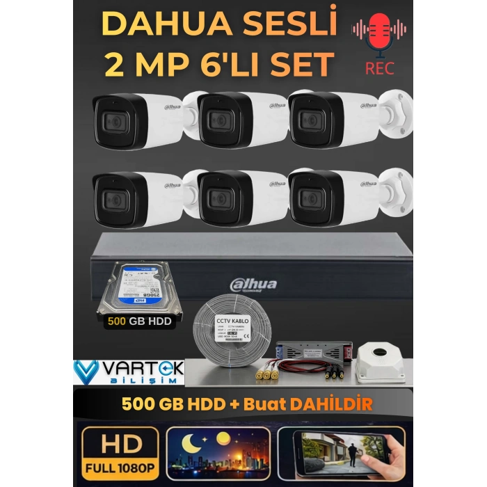 Dahua 6 Kameralı Sesli AHD Güvenlik Kamera Seti - 1080P Full HD DVR Kayıt Cihazı - 500 GB HDD Dahil