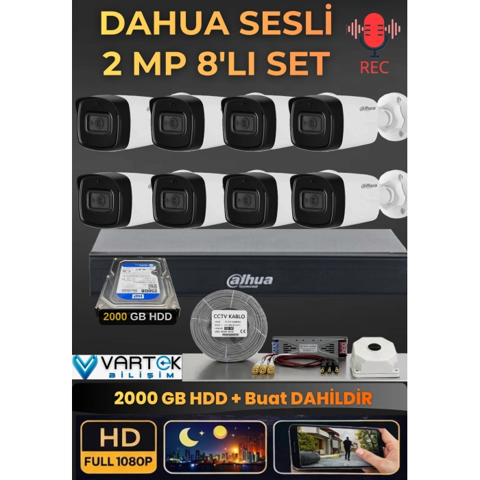 Dahua 8 Kameralı Sesli AHD Güvenlik Kamera Seti - 1080P Full HD DVR Kayıt Cihazı - 2000 GB HDD Dahil
