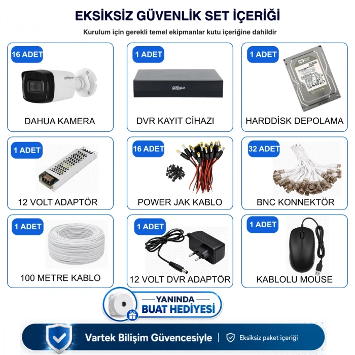 Dahua 16 Kameralı Sesli AHD Güvenlik Kamera Seti - 1080P Full HD DVR Kayıt Cihazı - 1000 GB HDD Dahil