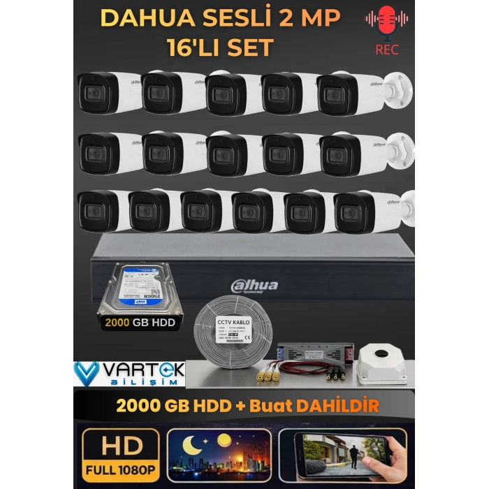 Dahua 16 Kameralı Sesli AHD Güvenlik Kamera Seti - 1080P Full HD DVR Kayıt Cihazı - 2000 GB HDD Dahil