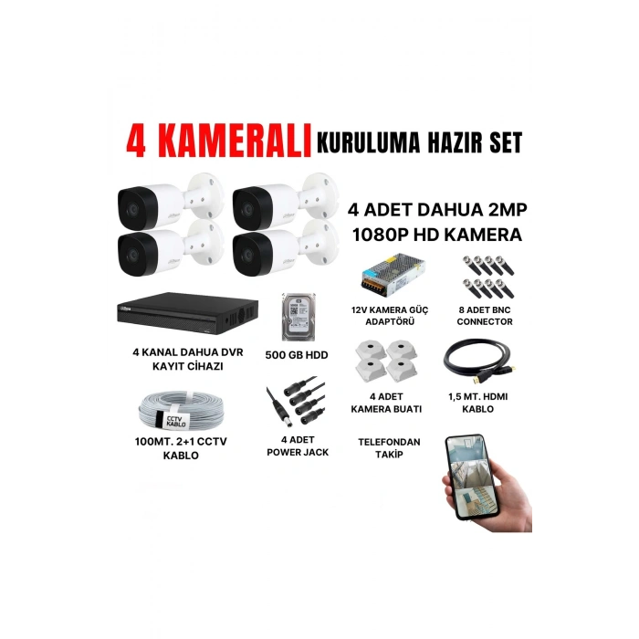 4 KAMERALI GÜVENLİK KAMERASI SETİ-CEPTEN İZLEME-FULLHD-GECE GÖRÜŞLÜ-SU GEÇİRMEZ