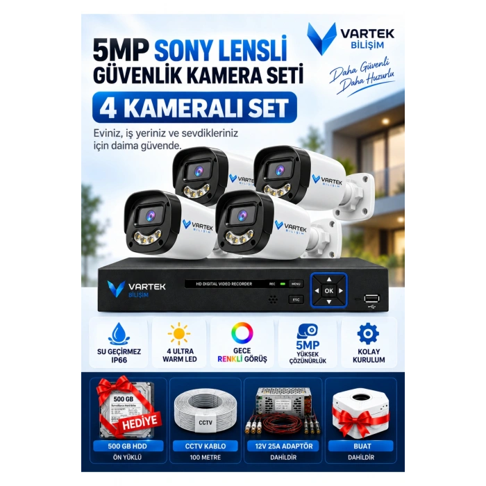 5MP Gülenyüz Gece Renkli Güvenlik Kamerası Seti, 4 Kameralı 250 GB Hediyeli