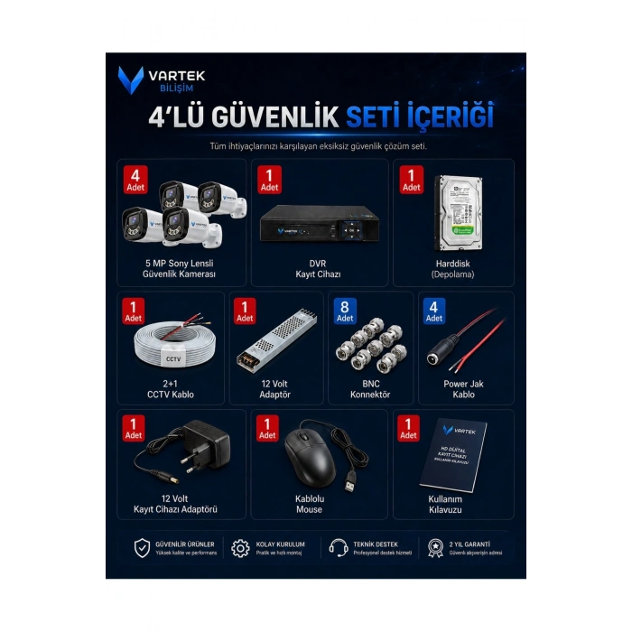 5MP Gülenyüz Gece Renkli Güvenlik Kamerası Seti, 4 Kameralı 250 GB Hediyeli