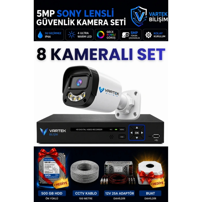 8 Kameralı Full HD Güvenlik Kamera Seti 500GB HDD HEDİYE 5MP Gece (Renkli) Görüşlü - Sabit IP Gerektirmez