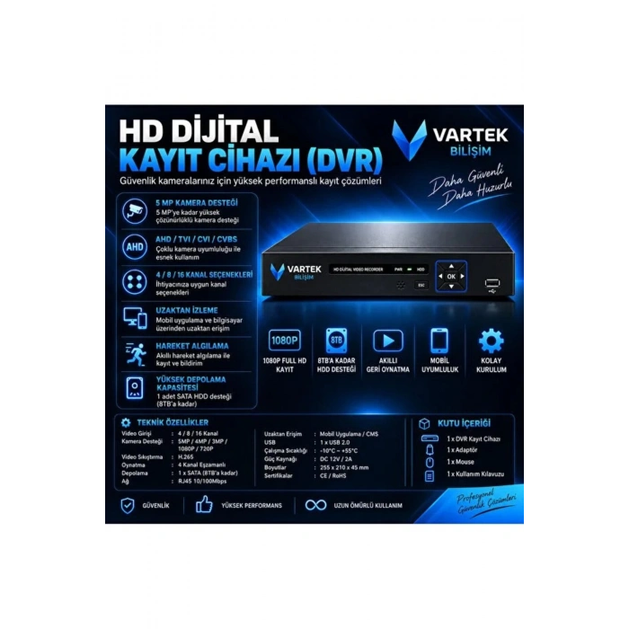 8 Kameralı Full HD Güvenlik Kamera Seti 500GB HDD HEDİYE 5MP Gece (Renkli) Görüşlü - Sabit IP Gerektirmez