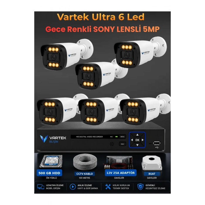 6 Kameralı Ultra 6 Ledli 5MP Sony Lensli Gece Renkli Güvenlik Kamerası Seti 5 00GB HDD