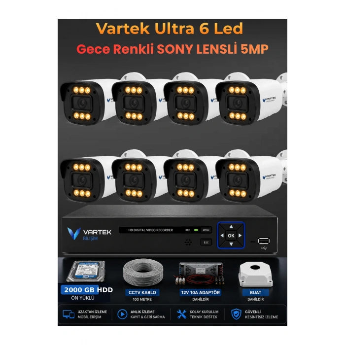 8 Kameralı Ultra 6 Ledli 5MP Sony Lensli Gece Renkli Güvenlik Kamerası Seti 2000 GB HDD