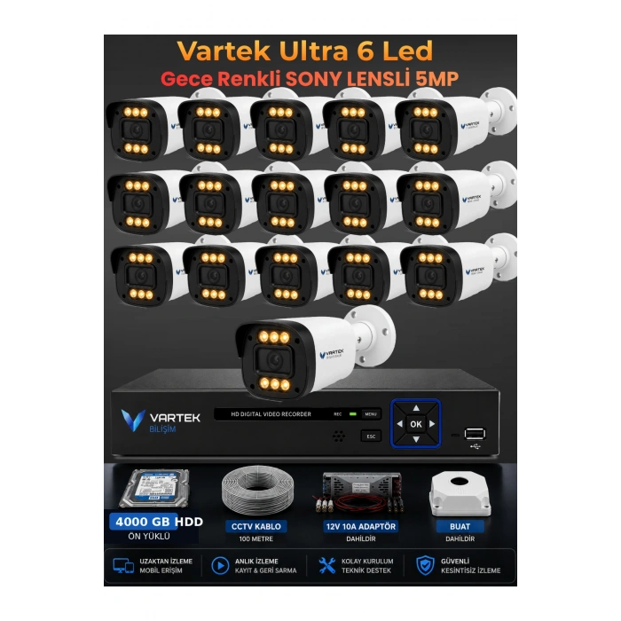 16 Kameralı Ultra 6 Ledli 5MP Sony Lensli Gece Renkli Güvenlik Kamerası Seti 4000 GB HDD