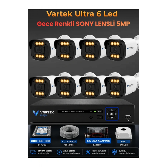 8 Kameralı Ultra 6 Ledli 5MP Sony Lensli Gece Renkli Güvenlik Kamerası Seti 1000 GB HDD