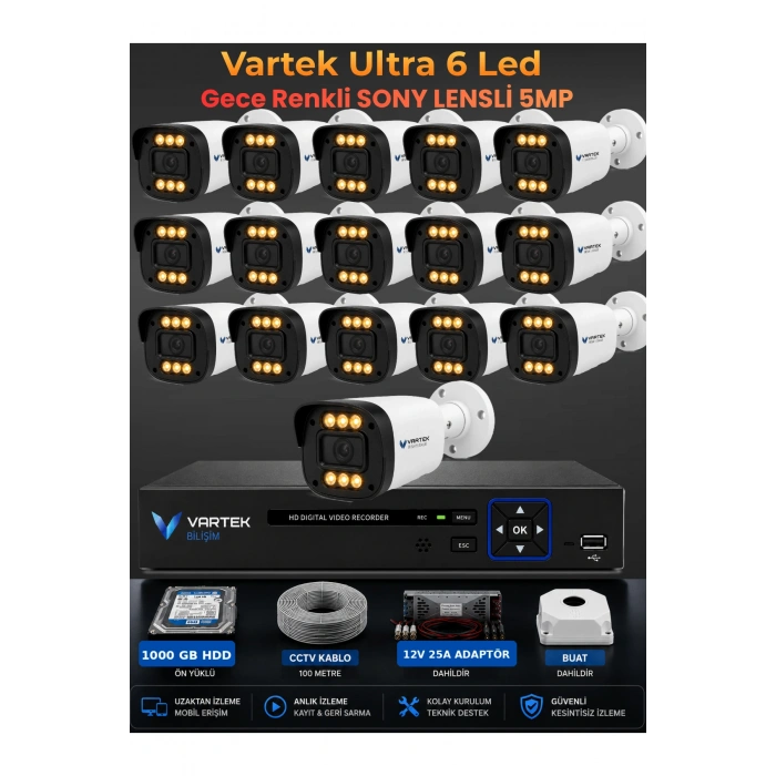 16 Kameralı Ultra 6 Ledli 5MP Sony Lensli Gece Renkli Güvenlik Kamerası Seti 1000 GB HDD