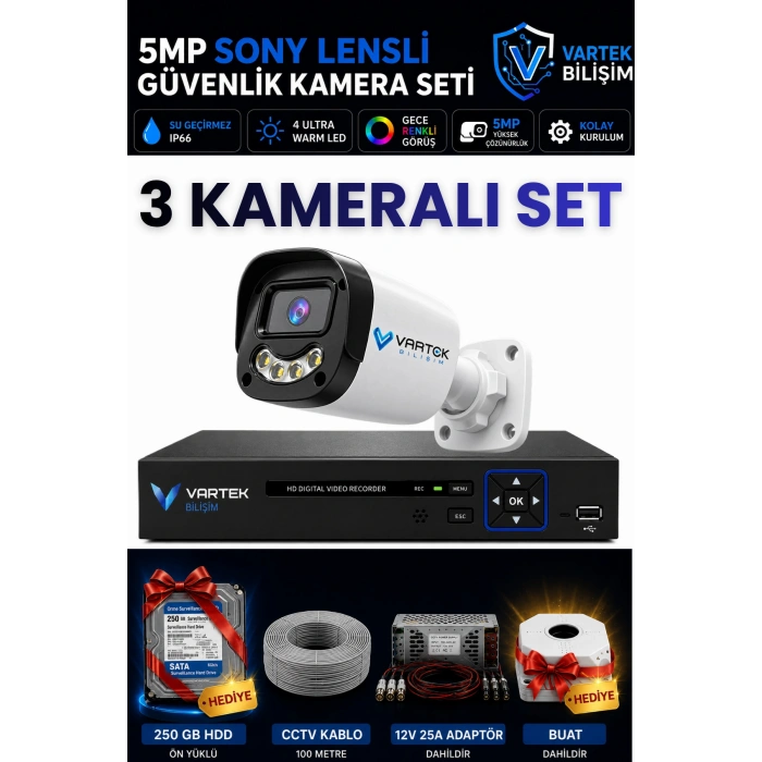 3 Kameralı Full HD Güvenlik Kamera Seti 250GB HDD HEDİYE 5MP Gece (Renkli) Görüşlü - Sabit IP Gerektirmez