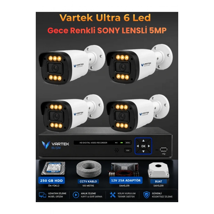 4 Kameralı Ultra 6 Ledli 5MP Sony Lensli Gece Renkli Güvenlik Kamerası Seti 250 GB HDD