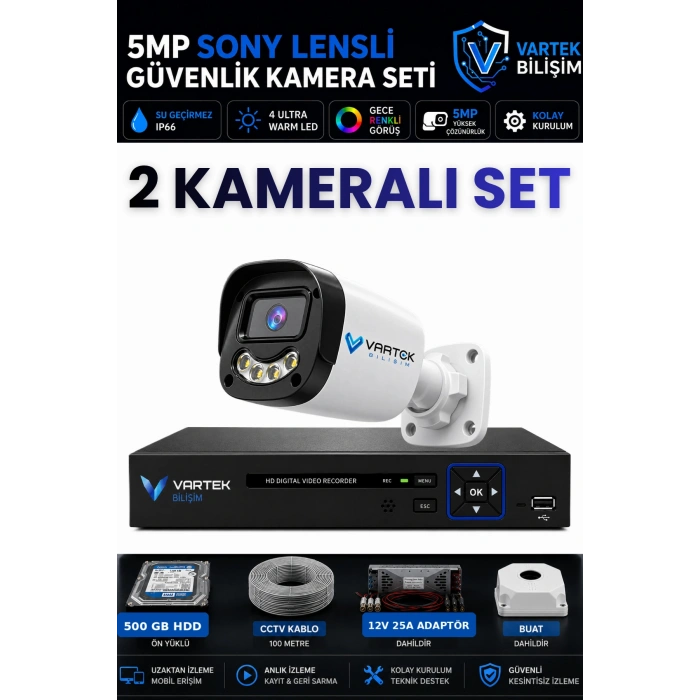 2 Kameralı 500GB-5MP Gece Renkli Gülen Yüz 1080P FULLHD Kamera Set-Su Gecirmez-Sabit İP Gerektirmez