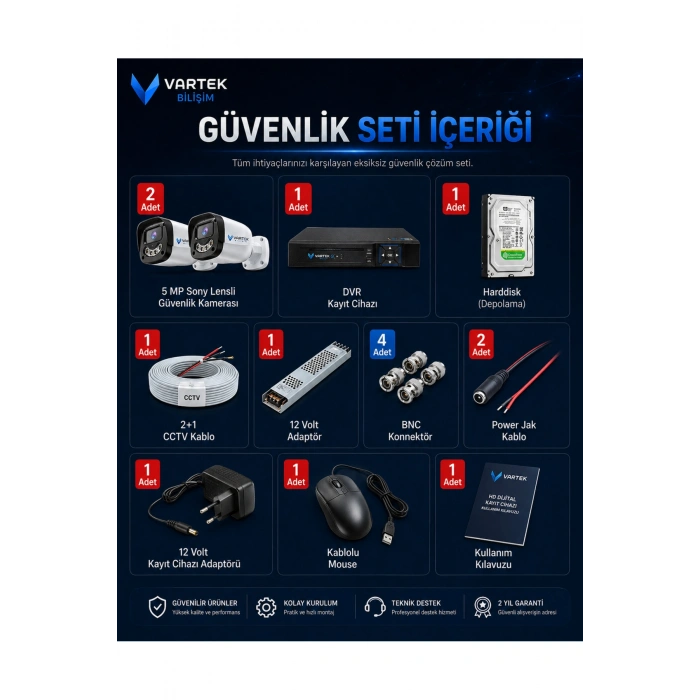 2 Kameralı 500GB-5MP Gece Renkli Gülen Yüz 1080P FULLHD Kamera Set-Su Gecirmez-Sabit İP Gerektirmez
