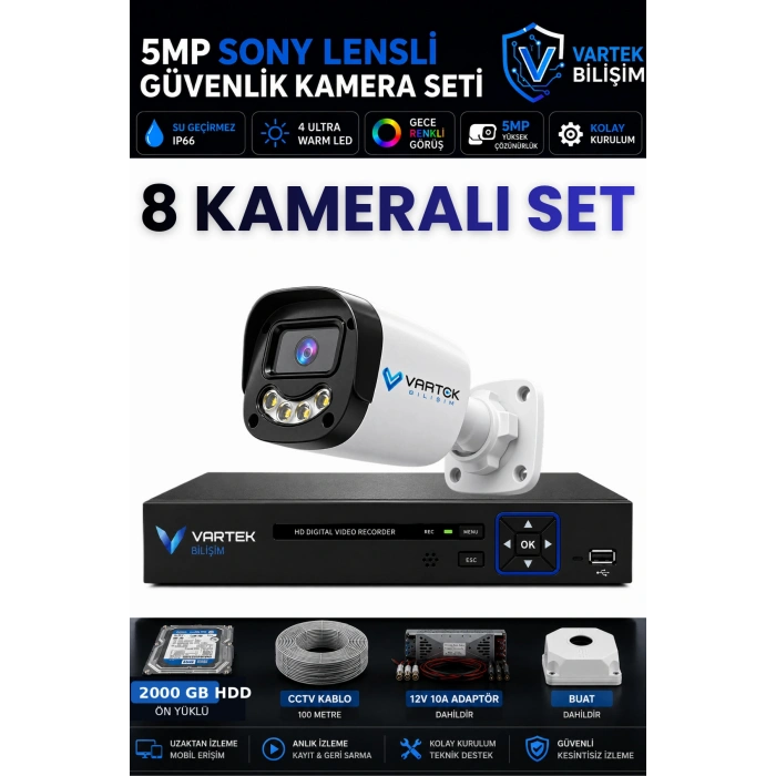 8 Kameralı Full HD Güvenlik Kamera Seti 2TB HDD 5MP Gece (Renkli) Görüşlü - Sabit IP Gerektirmez