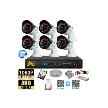 6 Kameralı Set 1000 Gb Hdd Full Hd Gece Görüşlü Güvenlik Kamerası Sistemi-Sabit İp Gerektirmez-
