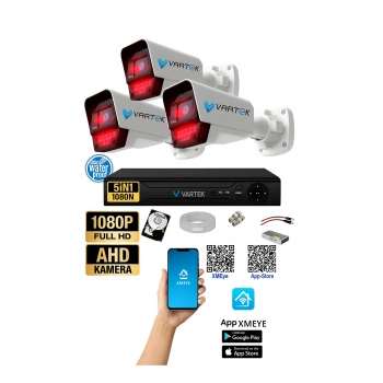 3 Kameralı AHD Full HD 9 LED 5MP Kamera Seti - 500GB HDD Dahil Gece (Siyah-Beyaz) Görüş