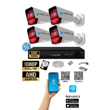4 Kameralı AHD Full HD 9 LED 5MP Kamera Seti - 1TB HDD Dahil Gece (Siyah-Beyaz) Görüş