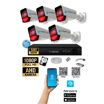 5 Kameralı AHD Full HD 9 LED 5MP Kamera Seti - 1TB HDD Dahil Gece (Siyah-Beyaz) Görüş