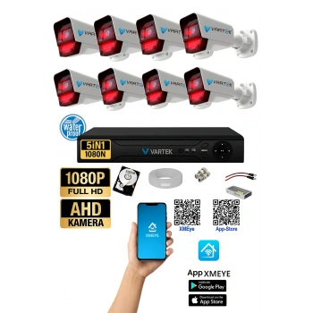 8 Kameralı AHD Full HD 9 LED 5MP Kamera Seti - 500GB HDD Dahil Gece (Siyah-Beyaz) Görüş