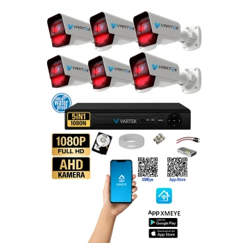 6 Kameralı AHD Full HD 9 LED 5MP Kamera Seti - 500GB HDD Dahil Gece (Siyah-Beyaz) Görüş