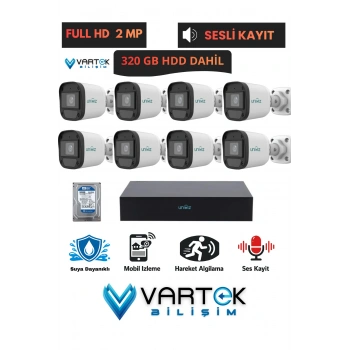 8 Kameralı Full HD 1080P AHD Kamera Seti + 320 GB Hard Diskli (Sesli Kayıt) Özelliği