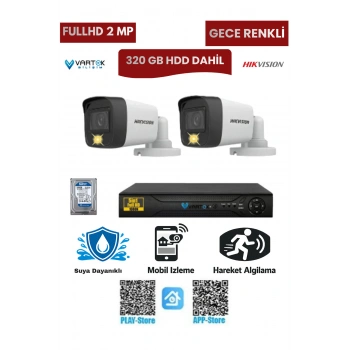 2 Kameralı Güvenlik Kamera Seti 2MP 1080P Gece Renkli Tak Çalıştır Hazır Sistem + 320 GB HDD
