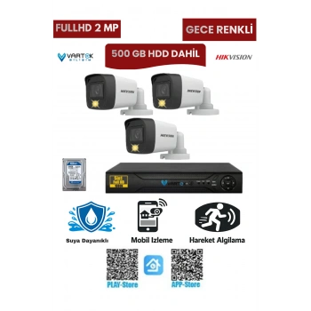 3 Kameralı Güvenlik Kamera Seti 2MP 1080P Gece Renkli Tak Çalıştır Hazır Sistem + 500 GB HDD