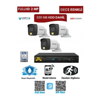 3 Kameralı Güvenlik Kamera Seti 2MP 1080P Gece Renkli Tak Çalıştır Hazır Sistem + 320 GB HDD