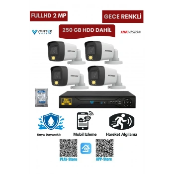 4 Kameralı Güvenlik Kamera Seti 2MP 1080P Gece Renkli Tak Çalıştır Hazır Sistem + 250 GB HDD