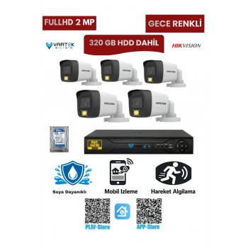 5 Kameralı Güvenlik Kamera Seti 2MP 1080P Gece Renkli Tak Çalıştır Hazır Sistem + 320 GB HDD