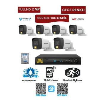 6 Kameralı Güvenlik Kamera Seti 2MP 1080P Gece Renkli Tak Çalıştır Hazır Sistem + 500 GB HDD