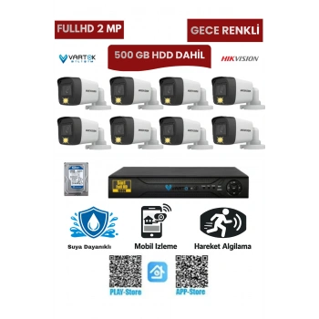 8 Kameralı Güvenlik Kamera Seti 2MP 1080P Gece Renkli Tak Çalıştır Hazır Sistem + 500 GB HDD