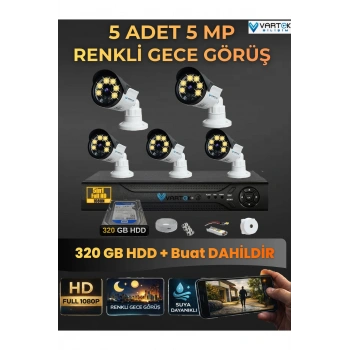 5 Kameralı Set 320 Gb Hdd Full Hd Gece Görüşlü Güvenlik Kamerası Sistemi-Sabit İp Gerektirmez-