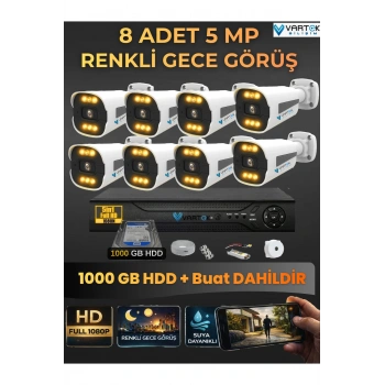 8 Kameralı Güvenlik Kamerası Seti, 1 TB HDD Gece Renkli Full HD -Uzaktan İzleme Tak Çalıştır Sistem