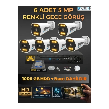 6 Kameralı Güvenlik Kamerası Seti, 1 TB HDD Gece Renkli Full HD -Uzaktan İzleme Tak Çalıştır Sistem
