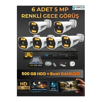 6 Kameralı Güvenlik Kamerası Seti, 500GB HDD Gece Renkli Full HD -Uzaktan İzleme Tak Çalıştır Sistem