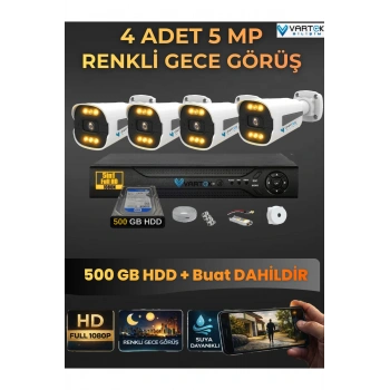 4 Kameralı Güvenlik Kamerası Seti, 500GB HDD Gece Renkli Full HD -Uzaktan İzleme Tak Çalıştır Sistem
