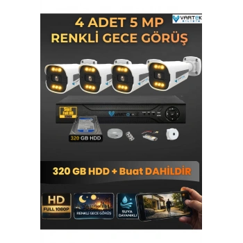 4 Kameralı Güvenlik Kamerası Seti, 320GB HDD Gece Renkli Full HD -Uzaktan İzleme Tak Çalıştır Sistem