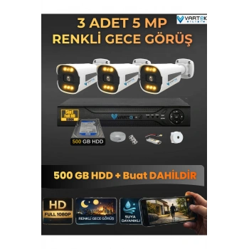 3 Kameralı Güvenlik Kamerası Seti, 500GB HDD Gece Renkli Full HD -Uzaktan İzleme Tak Çalıştır Sistem