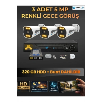 3 Kameralı Güvenlik Kamerası Seti, 320GB HDD Gece Renkli Full HD -Uzaktan İzleme Tak Çalıştır Sistem