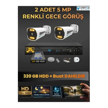 2 Kameralı Güvenlik Kamerası Seti, 320GB HDD Gece Renkli Full HD -Uzaktan İzleme Tak Çalıştır Sistem