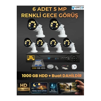 6 Kameralı Set 1000 Gb Hdd Full Hd Gece Görüşlü Güvenlik Kamerası Sistemi-Sabit İp Gerektirmez-