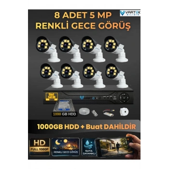 8 Kameralı Set 1000 Gb Hdd Full Hd Gece Görüşlü Güvenlik Kamerası Sistemi-Sabit İp Gerektirmez-
