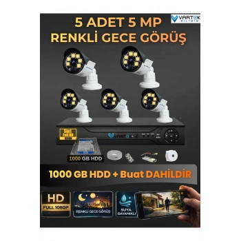 5 Kameralı Set 1000 Gb Hdd Full Hd Gece Görüşlü Güvenlik Kamerası Sistemi-Sabit İp Gerektirmez-