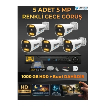 5 Kameralı Güvenlik Kamerası Seti, 1000GB HDD Gece Renkli FullHD -Uzaktan İzleme Tak Çalıştır Sistem
